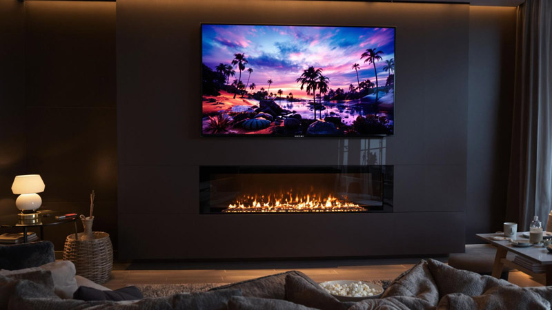Cheminée électrique sous la télévision dans le salon
