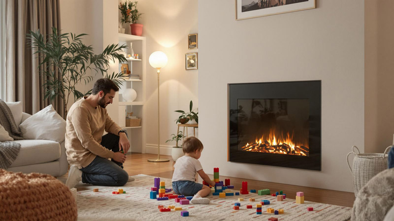 Enfant joue avec son père devant une cheminée électrique
